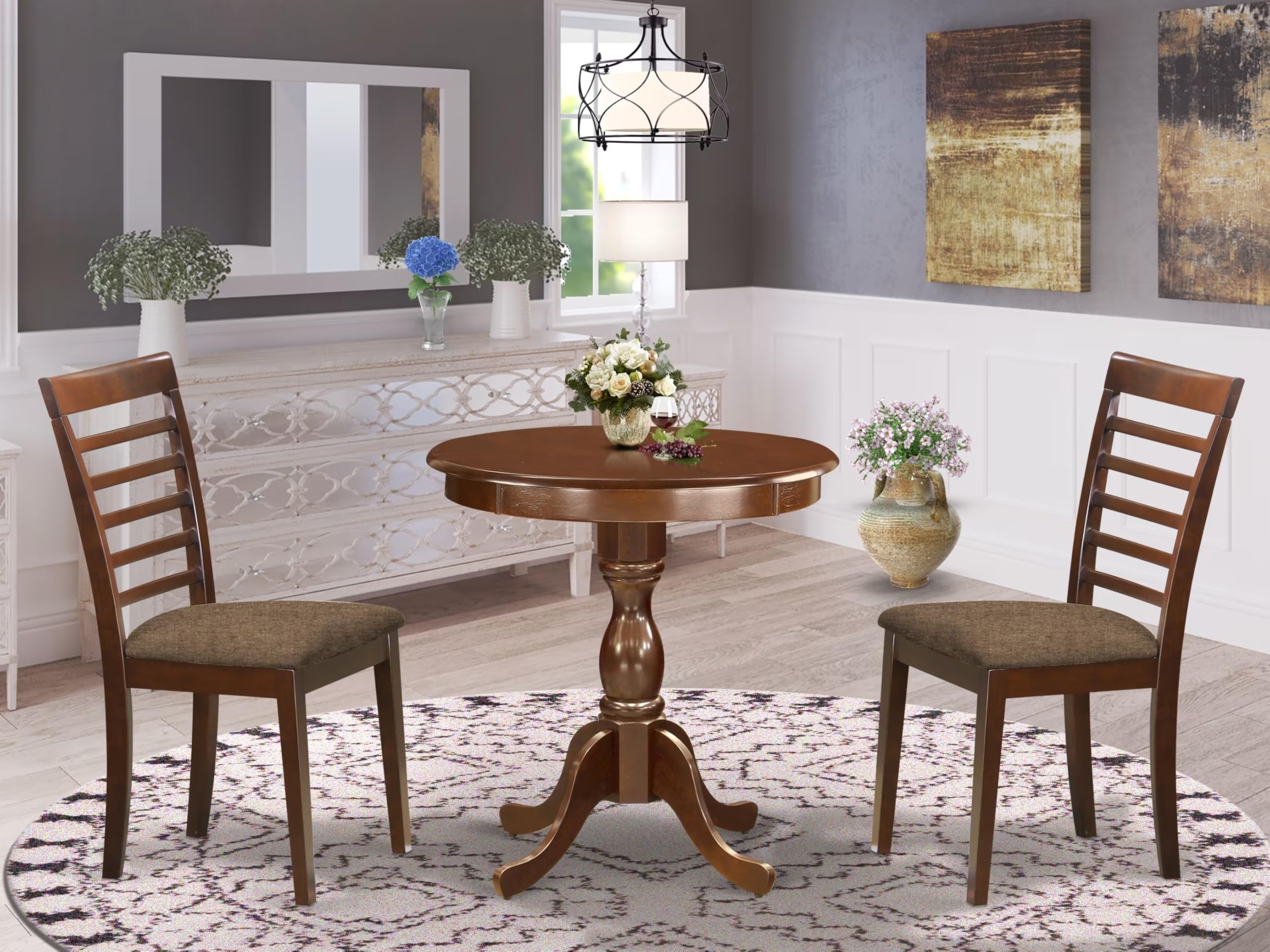 East West Furniture Esml3-Mah-C 3 Piece Kitchen Table & Chairs Set Contains A Round Dining Table With Pedestal And 2 Linen Fabric Dining Room Chairs, 30X30 Inch, Mahogany